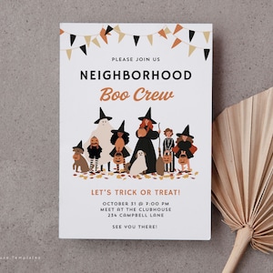 不気味なトリック・オア・トリートパーティー招待状テンプレート：編集可能なCanvaデザイン（デジタルダウンロード）
