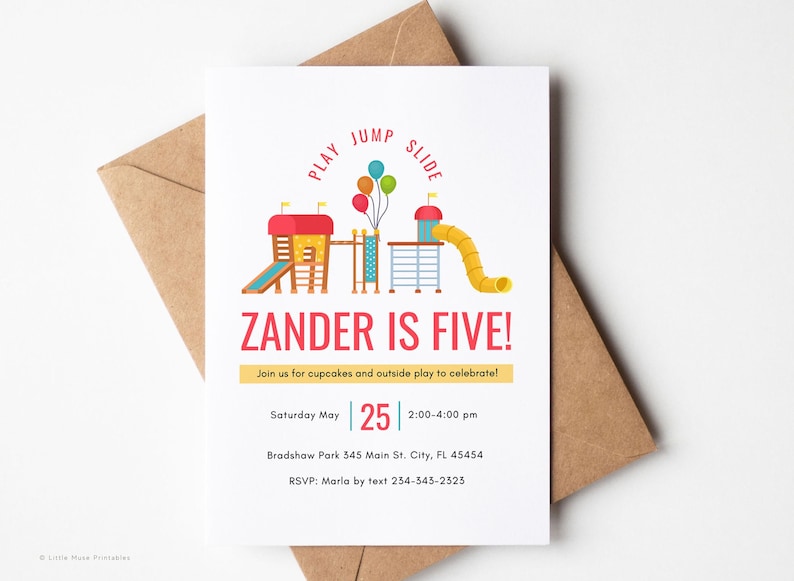 gender neutral playground party invite template with cute colorful playground featuring yellow, red and teal colors. Easy to edit drag and drop outdoor play party invite.