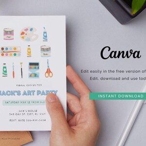 painting and art party invite template for canva, editable birthday invite, printable custom party invites, kids custom birthday party invitations, custom art party invite template, little muse templates