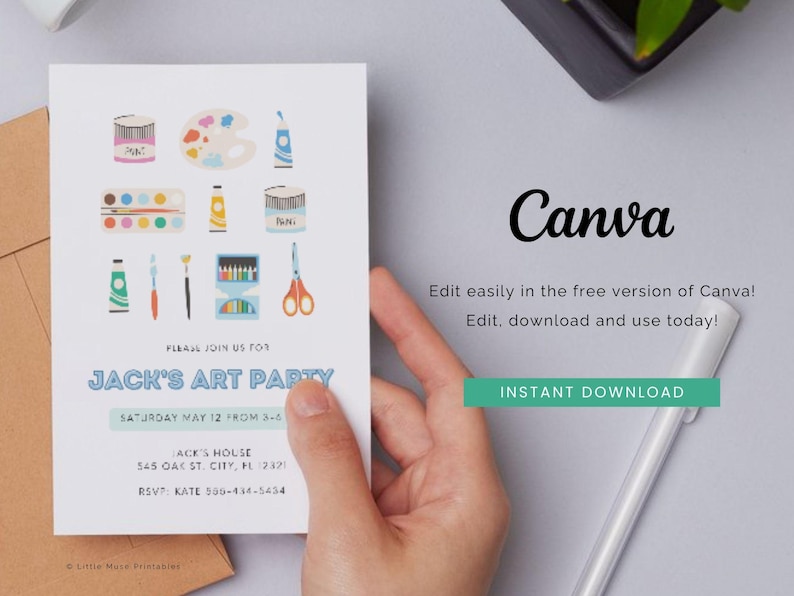 painting and art party invite template for canva, editable birthday invite, printable custom party invites, kids custom birthday party invitations, custom art party invite template, little muse templates