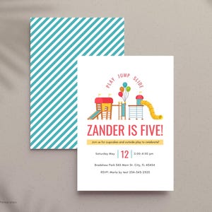 Red and yellow playground party invitation template for Canva—perfect for a kids' birthday or park celebration! This digital invite features a vibrant playground scene with slides, swings, and bright colors, making it fun and gender-neutral for boys and girls. Instantly download and easily customize the text, fonts, and colors in Canva—no design skills needed! Ideal for outdoor birthdays, park playdates, and bounce house parties.
