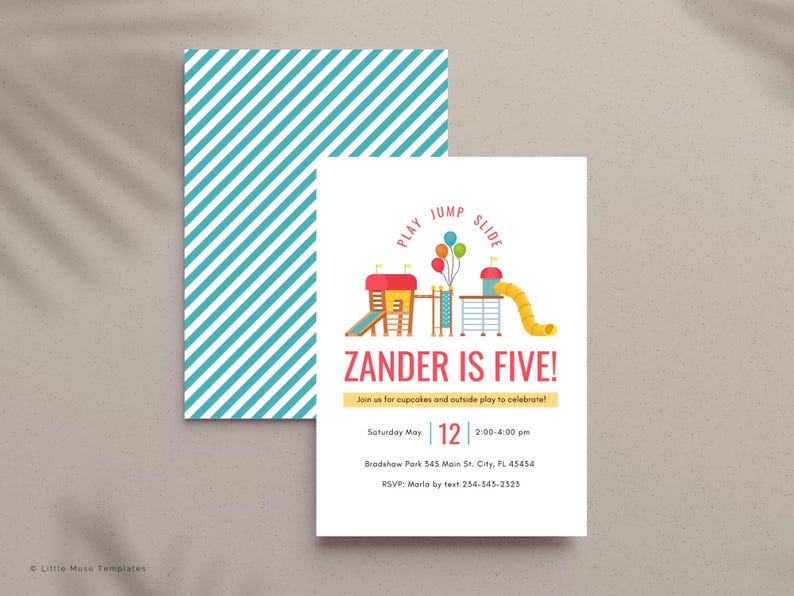 Red and yellow playground party invitation template for Canva—perfect for a kids' birthday or park celebration! This digital invite features a vibrant playground scene with slides, swings, and bright colors, making it fun and gender-neutral for boys and girls. Instantly download and easily customize the text, fonts, and colors in Canva—no design skills needed! Ideal for outdoor birthdays, park playdates, and bounce house parties.