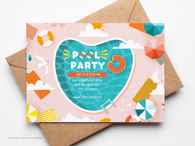 retro pool party invitation, fun pool party invite, pink colored pool party invitation template, digital download pool party template for canva
