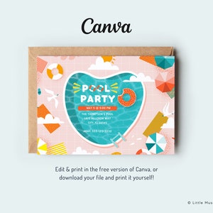 May include: A pink and blue pool party invitation with a heart-shaped pool, a donut float, and the text "Pool Party" in a white box. The invitation includes the date, time, location, and RSVP information.
