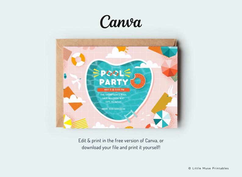 May include: A pink and blue pool party invitation with a heart-shaped pool, a donut float, and the text "Pool Party" in a white box. The invitation includes the date, time, location, and RSVP information.