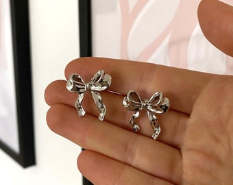 Bow Stud Earrings, Silver Bow Stud Earrings, Minimalist Silver Earrings, Silver Tied Bow Stud Earrings, Bowknot Stud Earrings