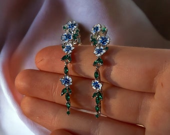 Orecchini a fiori, orecchini pendenti a fiori blu, orecchini pendenti a fiori blu, orecchini pendenti a fiori in argento, graziosi orecchini a fiori per ragazze