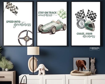 Vintage race car decor, Bedroom Prints Set Racing, racecar nursery wall art, retro race car, car racing wall art print, racecar prints