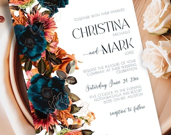 burnt orange and navy blue wedding invitation, Dark Teal And Burnt Orange Wedding Invitations, Fall Wedding Invites With Online Rsvp