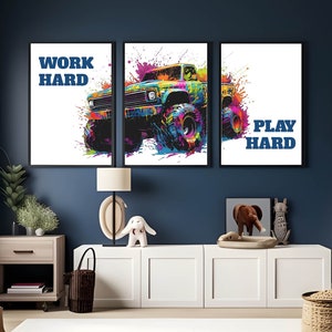 Monster Truck Wall Art, Boys Room Decor, Kids vehicle print, Kids Room Decor, Playroom Art, Vehicle decor, Nursery Wall Art, set 3 Print