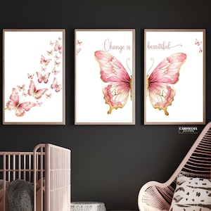 Butterfly Art Print Set Trendy Pink Room Decor, Aesthetic Wall Art for Girls, Blush Butterfly Poster, Nursery Theme, Preppy Wall Art Split