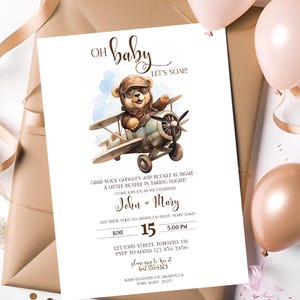 Cute Bear Pilot Baby Shower Invite, Customize, Airplane baby bear baby shower invitation, cute editable invite, travel theme, digital down