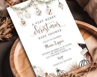 Inbjudan till babyshower med julgransprydnad | Inbjudan till babyshower med julgransprydnad | Inbjudan till babyshower med god jul | Inbjudan till babyshower med vintermotiv BS