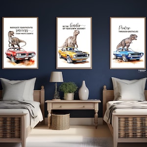 Dinosaur in car print wall art, Dinosaur Wall Decor For Toddler Boy, Dinosaur wall art toddler, Dinosaur Prints 3 Set, Dinosaur Wall Art