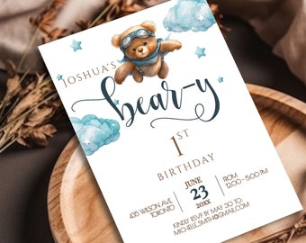 Beary First Birthday Evite, Beary First Birthday Digital Invitations, Boy 1st Birthday Invitation, Printable Bear Invitation Template BB
