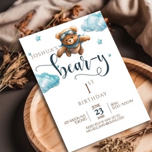 Beary First Birthday Evite, Beary First Birthday Digital Invitations, Boy 1st Birthday Invitation, Printable Bear Invitation Template BB