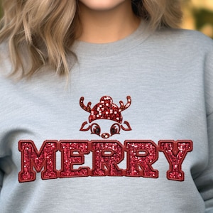 Cute Christmas Sweaters With Sequins, Faux Embroidery Sequin Christmas Sweatshirt, Merry Glitter Effect Christmas Shirt, Tis The Season CH