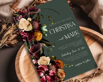 Moody green Wedding Invitation with QR code, Moody floral Fall Wedding Invitations with RSVP Cards, Wedding Invite printable, bundle BHO