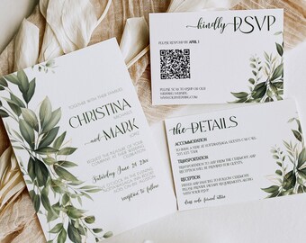 Toile Wedding Invitation Suite Green, Wedding Invitation Digital Sage Green Eucalyptus, Sage green invitation suite with QR code