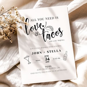 Invitación de ensayo de Love Tacos, plantilla de cena editable, tarjeta imprimible digital para celebración de boda, cena de ensayo de Love Tacos LT