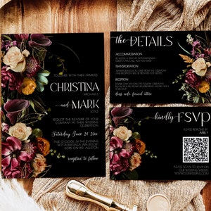 Moody Fall Wedding Invitation, Dark And Moody Floral Invitation, Burgundy and Black Wedding, Autumn Wedding Invite, Fall Wedding Invites MDO