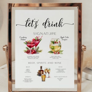 May include: A printable sign with a gold frame that says "Let's Drink" and lists signature drinks, beer, spirits, wine, and non-alcoholic options.