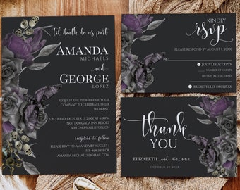 Dark And Moody Wedding Invitation Suite, Dark Gothic Floral Wedding Invite, Black Wedding Invitation Template Set, Gothic Floral Wedding HW