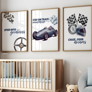 Vintage Rennauto-Kinderzimmer, Jungen-Kinderzimmer-Wand-Kunst-Bundle-Prints, Auto-Wand-Kunst-Set, Kinderzimmer-Rennauto, Racing Poster-Set, blaues Schlafzimmer