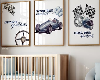 Vintage Race Car decor Nursery, Toddler Boy Race Car wall art, Boys Nursery Wall Art Bundle Blue Prints, car wall art set, nursery race car