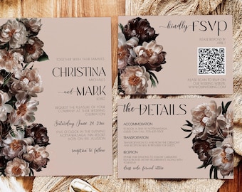 Floral Wedding Invitation With Qr Code, Dusty Rose And Gold Wedding Invitation Suite, Creamy Rose Wedding Invitation template, Dusty Rose