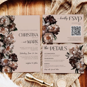 Floral Wedding Invitation With Qr Code, Dusty Rose And Gold Wedding Invitation Suite, Creamy Rose Wedding Invitation template, Dusty Rose