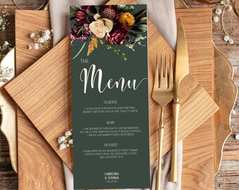 Elegante bloemen herfst bruiloftsmenu, herfst bruiloft diner menusjabloon, bruiloft menusjabloon, modern trouwmenu, minimalistisch bruiloftsmenu BHO