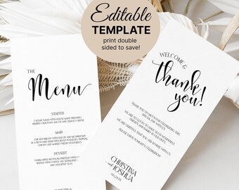 Wedding menu with thank you note, Dinner Napkin Wedding, Double Sided Menu And Thank You Card, Wedding table Thank you note menu