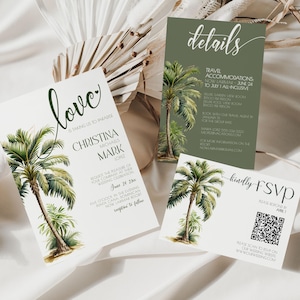 Palm Tree Wedding Invitation Suite, Tropical Beach Wedding, Editable Printable Invite, Destination Wedding Template, romantic, coastal PP