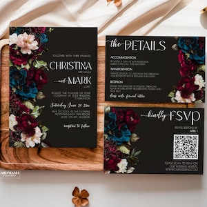 Gothic Wedding Invitations, Burgundy Wedding Invitation suite, Editable Instant Download Wedding Invite Template Burgundy And Blue