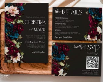 Burgundy And Navy luxury Wedding Invitation Digital, Gothic Wedding Invitations, Burgundy Wedding Invitation suite, dark romance Template
