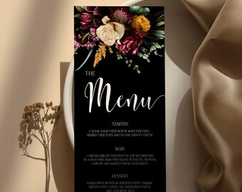 Moody Wedding Menu, Moody Wedding Menu, Customizable Gothic Template, Dark and Romantic Card, Fall Wedding Menu Cards Template, Floral MDO