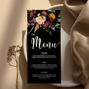 Menú de boda con un toque de humor, plantilla gótica personalizable, tarjeta oscura y romántica, plantilla de menú de boda de otoño, MDO floral