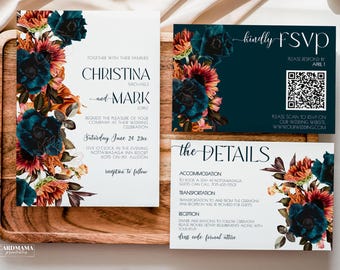 Wedding Invitation Teal And Burnt Orange Template, Burnt Orange Wedding Invite, Wedding Invitations Terracotta Dark teal Digital