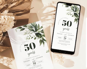 50th wedding invitations, Elegant Greenery 50th Anniversary Invitations, Celebrating 50th Anniversary Invitation, Editable Golden Surprise