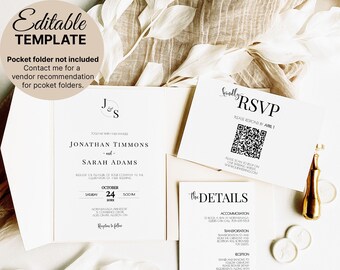 Simple Editable Invite Template | Minimal Wedding Invites QR code | Modern Wedding | Elegant Wedding Invite with monogram | CM124 MN