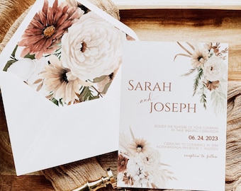 Modèle de faire-part de mariage à télécharger Boho en terre cuite, Ensemble de faire-part de mariage en terre cuite, Invitation florale en terre cuite, Faire-part de mariage BH