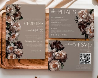 rustic floral wedding invitations, Wedding Invitation Floral Peony Rustic, Pastel Wedding Electronic Invites, Etsy Wedding invitations suite