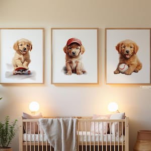 Red Golden Retriever wall Art, for nursery, Cute Puppy Nursery Decor, Golden Retriever Nursery wall art Print Set of 3, Skateboard, sports