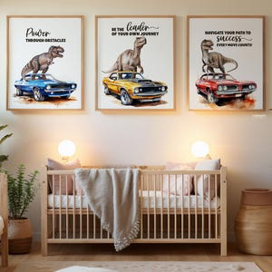Dino in car, Dinosaur in car wall art, Dino Nursery decor, Dinosaur wall art toddler, Dinosaur Prints 3 Set, nursery prints, gift for boys