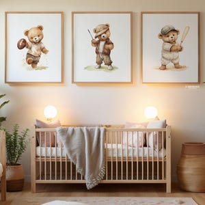 Bear Theme Nursery Wall Art Gallery, boy nursery wall art golf set, Vintage bear nursery sports, baseball nursery art, nursery wall art set