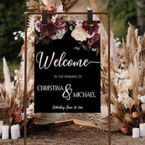 Dark and moody floral wedding sign, Moody Floral Welcome Sign, Dark Floral Wedding Welcome Sign Moody, Wedding Welcome Wedding Sign MD