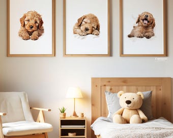 May include: Three framed prints of a golden doodle puppy in different poses. The puppy is sleeping, sitting, and yawning. The prints are hanging on a white wall above a wooden bed with a teddy bear on it.