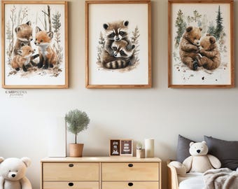 woodland prints for nursery, Wall Art, Set of 3 Animal Prints, Cute Decor for Baby Room, Woodland Theme Nursery Art, printable