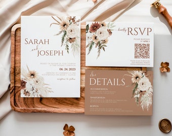 Boho Fall Wedding Bundle, Boho Wedding Palette, Elegant Wedding Invitation Template, Floral Wedding Invitation Printable, Printable BH